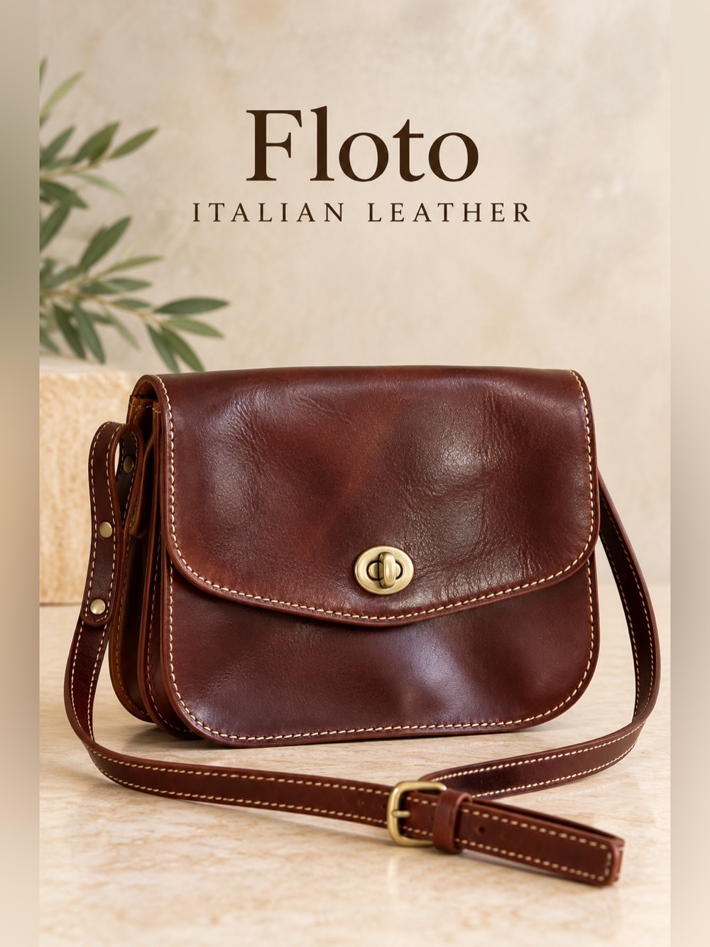 Floto Italian Leather Milano Crossbody Messenger Bag Brown 9”